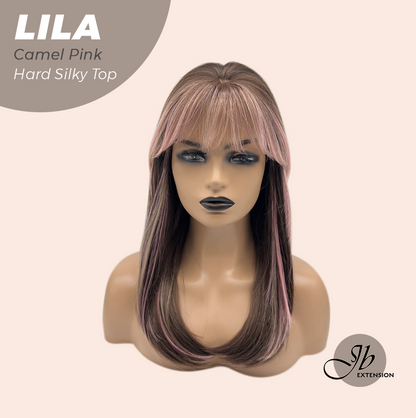 JBEXTENSION 20 Inches Scalpiana Camel Pink Wolf Cut 3.5X4 Hard Silky Top Natural Scalp Effect Wig With Bangs LILA CAMEL PINK