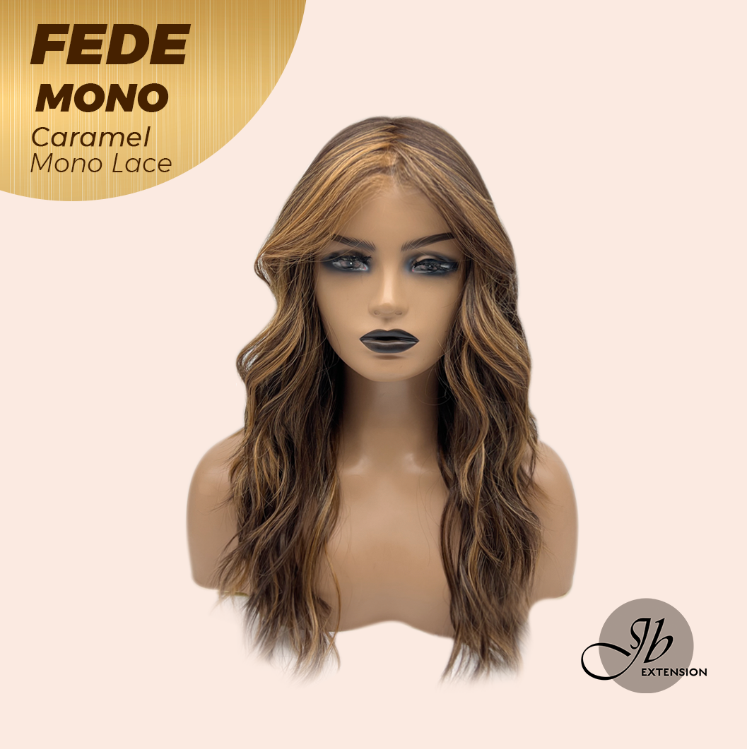 JBEXTENSION FEDE MONO Full Monofilament Handmade Full Lace Full Hand Tied Wig 19 Inches Wave Caramel Mono Lace Handmade Futura Fiber Wig with Anti-slip Silicone Strips Glueless Wig FEDE MONO - CARAMEL【BENDY EAR TABS】