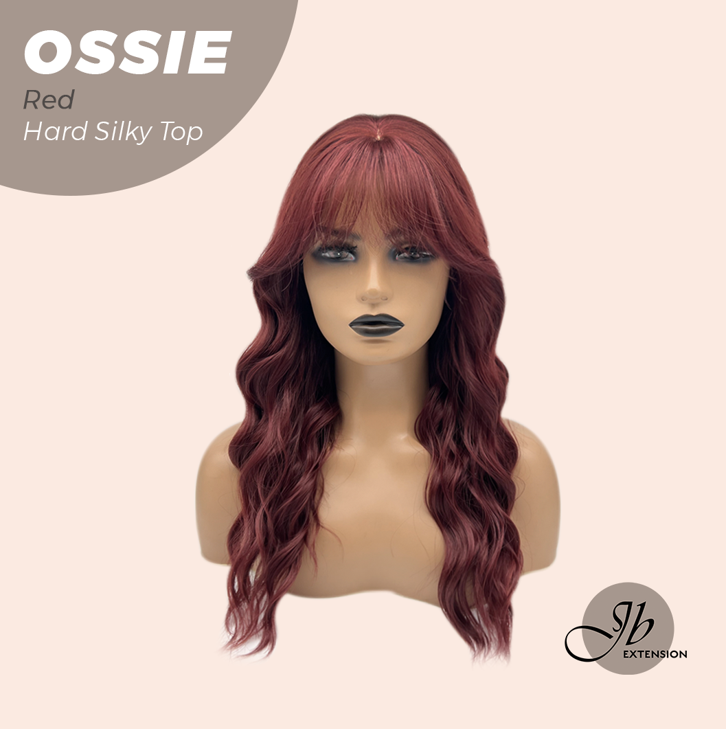 JBEXTENSION 22 Inches Scalpiana Long Wave Red 3.5X4 Hard Silky Top Natural Scalp Effect Wig with Bangs OSSIE RED