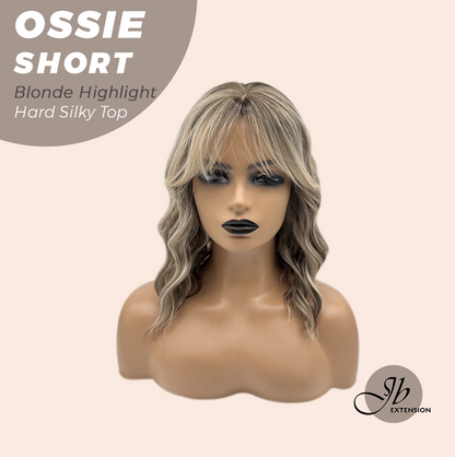 JBEXTENSION 14 Inches Scalpiana Wave Blonde Highlight 3.5X4 Hard Silky Top Natural Scalp Effect Wig with Bangs OSSIE SHORT - BLONDE HIGHLIGHT