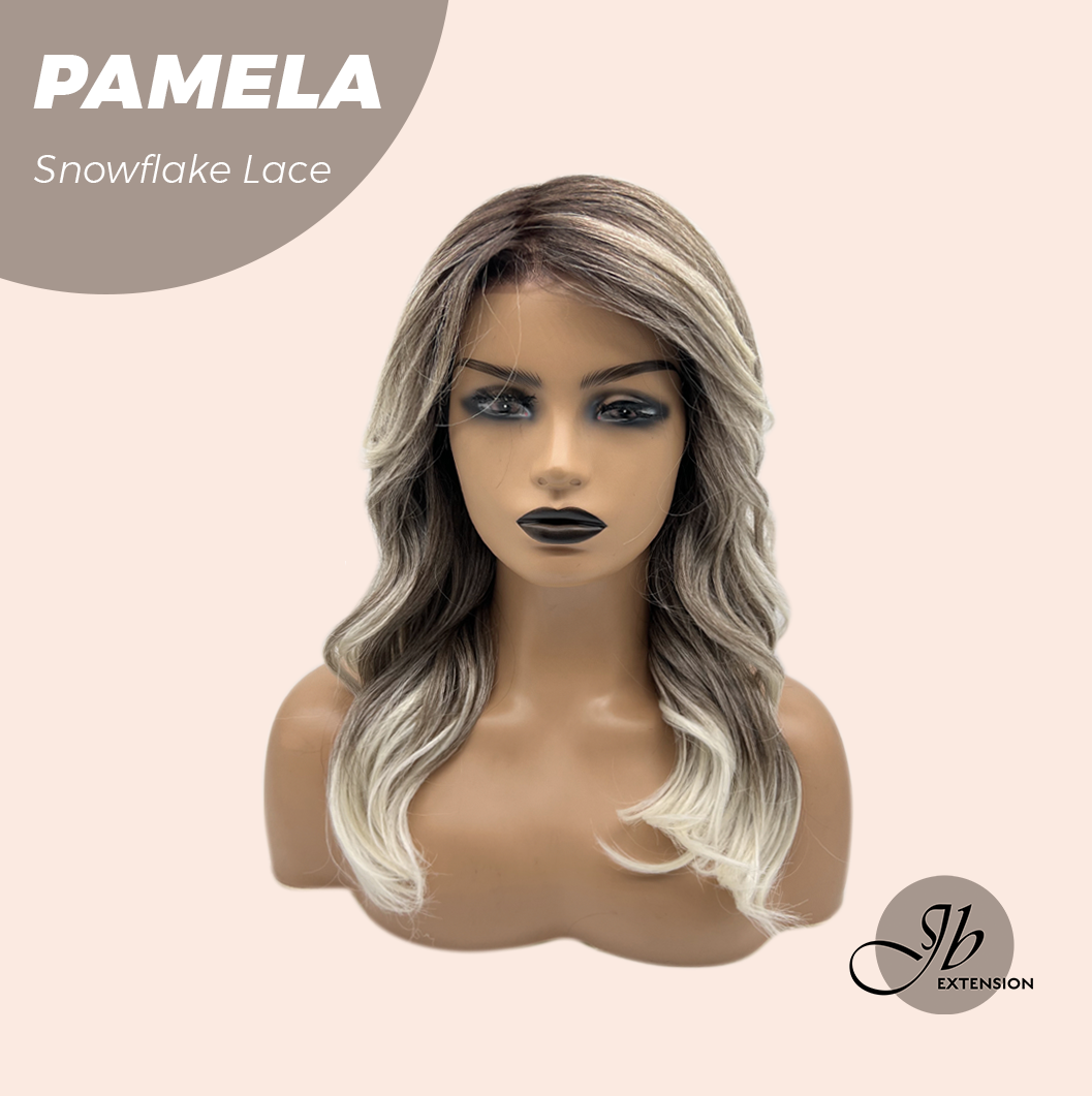 JBEXTENSION 18 Inches Curly Smog Ash Grey Pre-Cut Side Part Snowflake Lace Frontlace Black Sapphire Glueless Wig PAMELA - BLACK SAPPHIRE【BENDY EAR TABS】