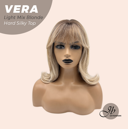 JBEXTENSION 17 Inches Scalpiana Curly Light Mix Blonde 3.5X4 Hard Silky Top Natural Scalp Effect Wig with Bangs VERA LIGHT MIX BLONDE