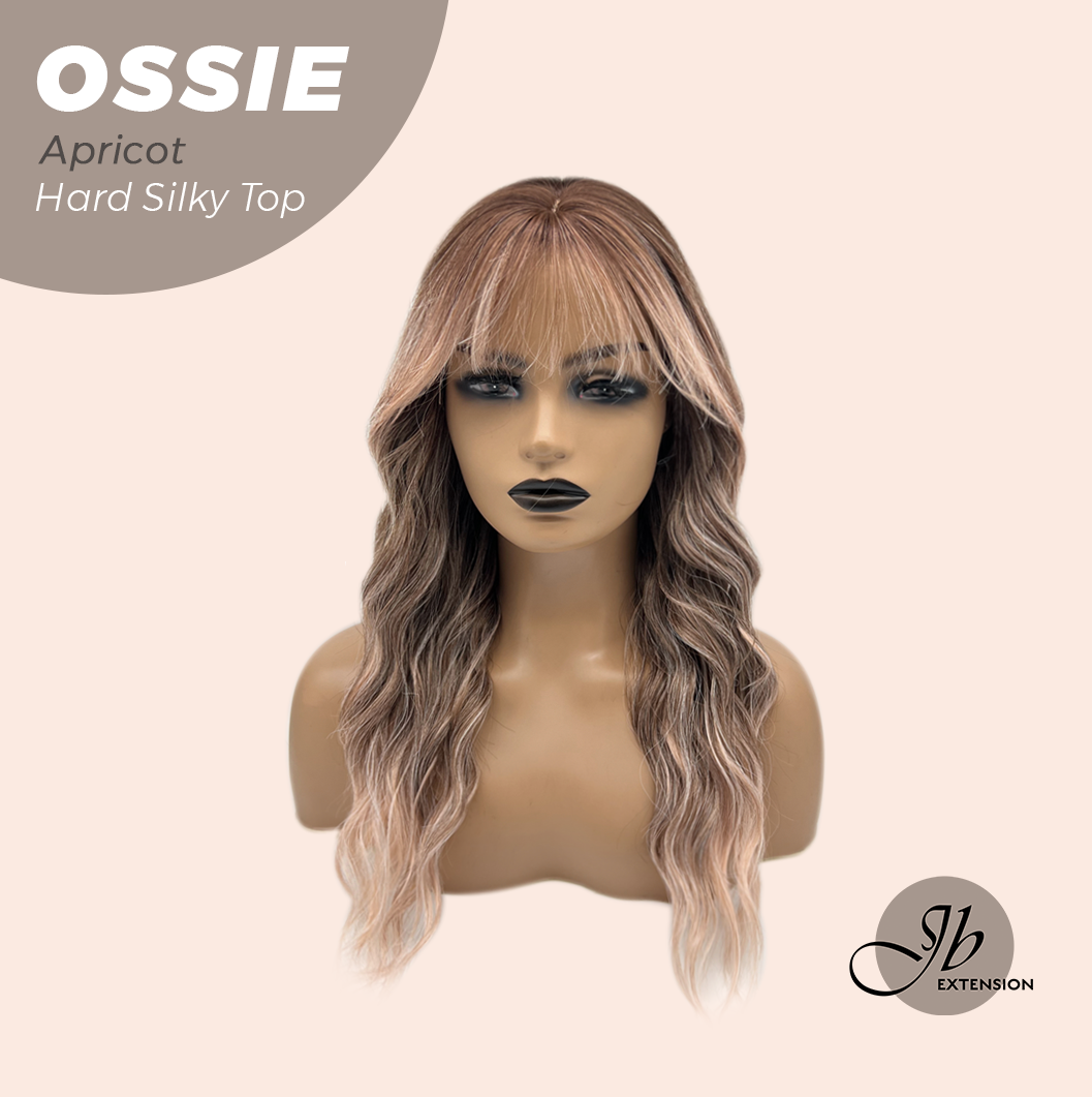 JBEXTENSION 22 Inches Scalpiana Long Wave Apricot 3.5X4 Hard Silky Top Natural Scalp Effect Wig with Bangs OSSIE APRICOT