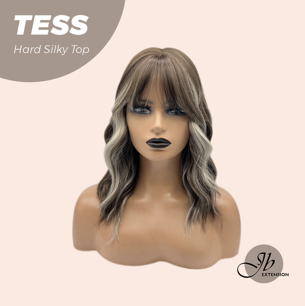 JBEXTENSION 15 Inches Scalpiana Wave Light Brown with Highlight 3.5X4 Hard Silky Top Natural Scalp Effect Wig with Bangs TESS