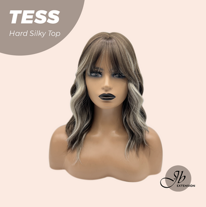 JBEXTENSION 15 Inches Scalpiana Wave Light Brown with Highlight 3.5X4 Hard Silky Top Natural Scalp Effect Wig with Bangs TESS