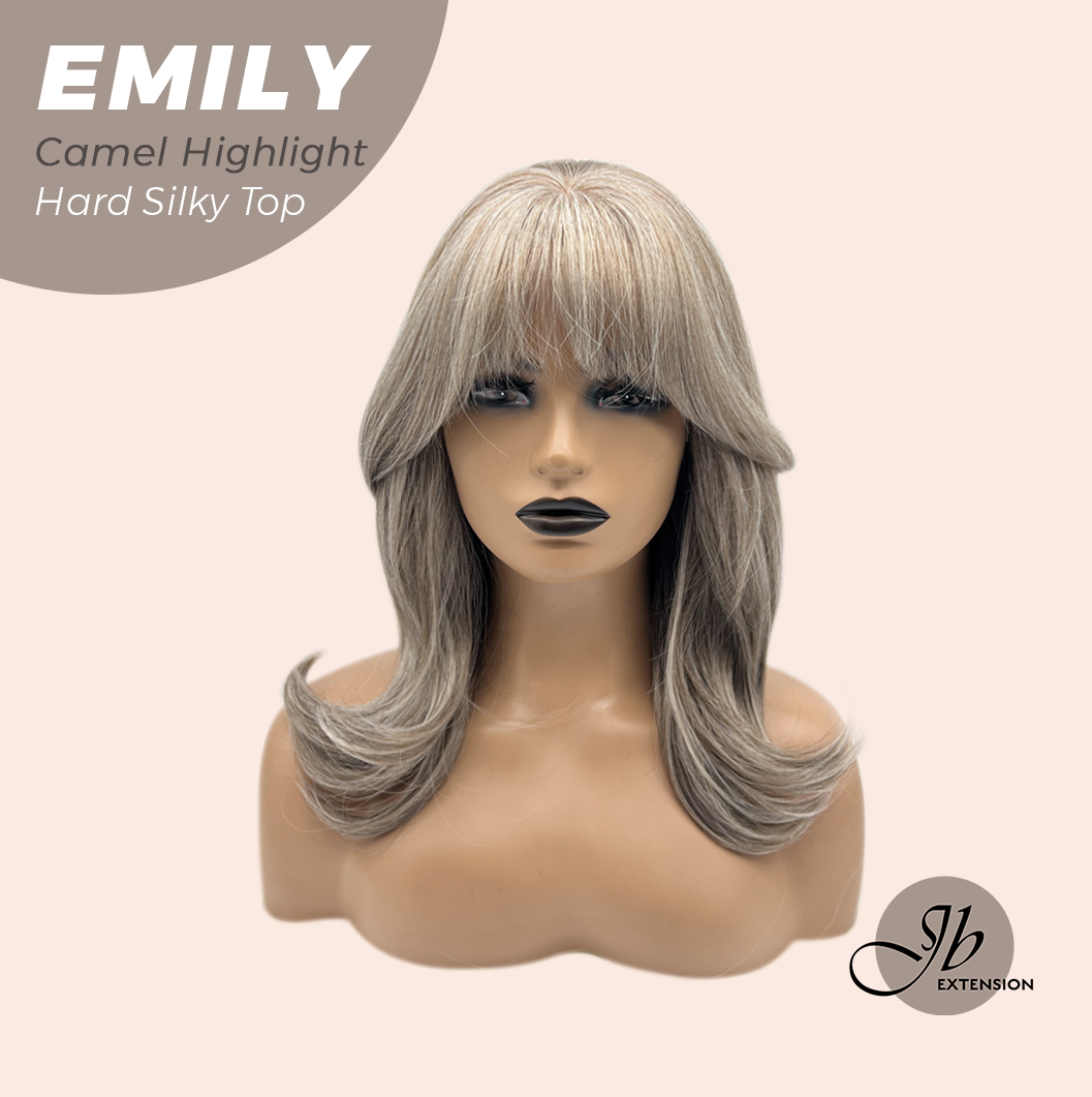 JBEXTENSION 18 Inches Scalpiana Curly Camel Highlight 3.5X4 Hard Silky Top Natural Scalp Effect Wig with Bangs EMILY CAMEL HIGHLIGHT