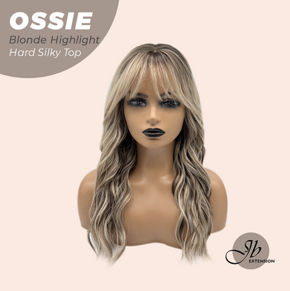 JBEXTENSION 22 Inches Scalpiana Long Wave Blonde Highlight 3.5X4 Hard Silky Top Natural Scalp Effect Wig with Bangs OSSIE BLONDE HIGHLIGHT