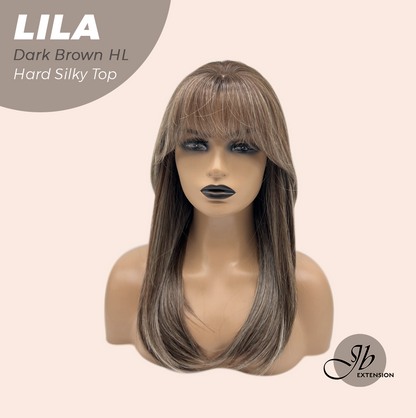 JBEXTENSION 20 Inches Scalpiana Dark Brown Highlight Wolf Cut 3.5X4 Hard Silky Top Natural Scalp Effect Wig With Bangs LILA DARK BROWN HIGHLIGHT