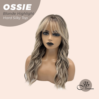 JBEXTENSION 22 Inches Scalpiana Long Wave Blonde Highlight 3.5X4 Hard Silky Top Natural Scalp Effect Wig with Bangs OSSIE BLONDE HIGHLIGHT