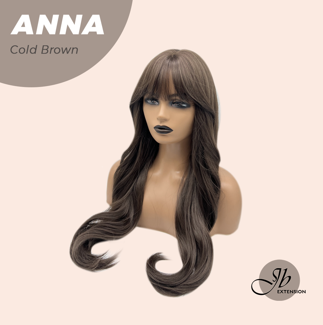 JBEXTENSION 28 Inches Long Curly Cold Brown Wig with Bangs ANNA COLD BROWN