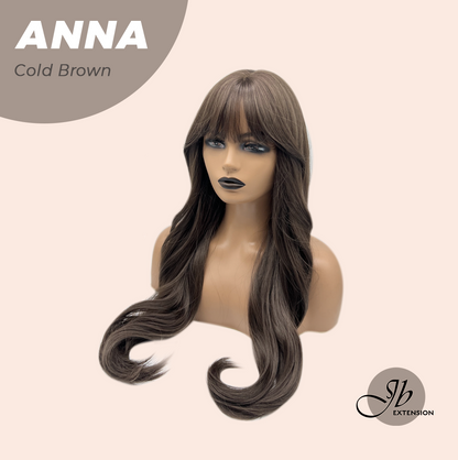 JBEXTENSION 28 Inches Long Curly Cold Brown Wig with Bangs ANNA COLD BROWN