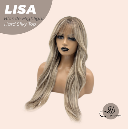 JBEXTENSION 26 Inches Scalpiana Long Curly Blonde Highlight 3.5X4 Hard Silky Top Natural Scalp Effect Wig with Bangs LISA BLONDE HIGHLIGHT