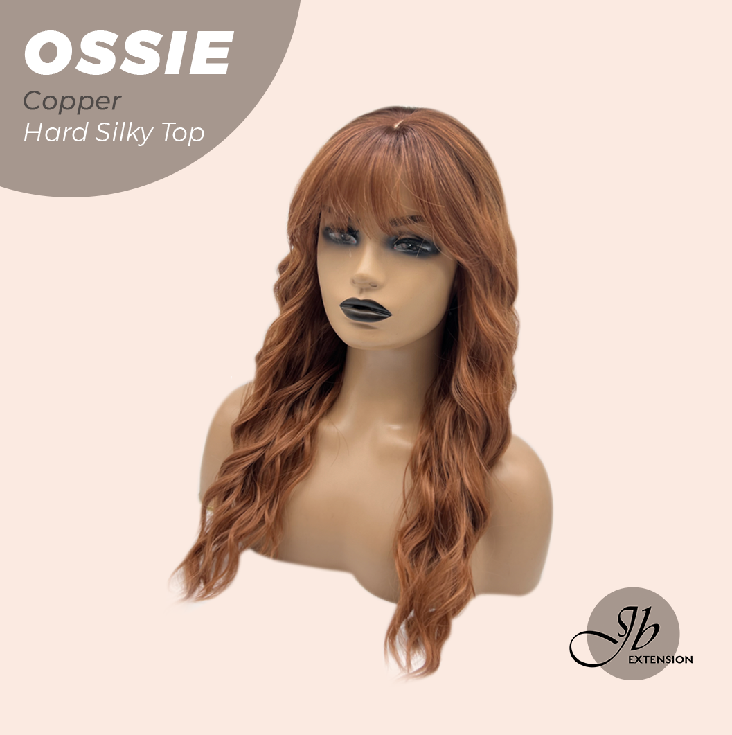 JBEXTENSION 22 Inches Scalpiana Long Wave Copper 3.5X4 Hard Silky Top Natural Scalp Effect Wig with Bangs OSSIE COPPER