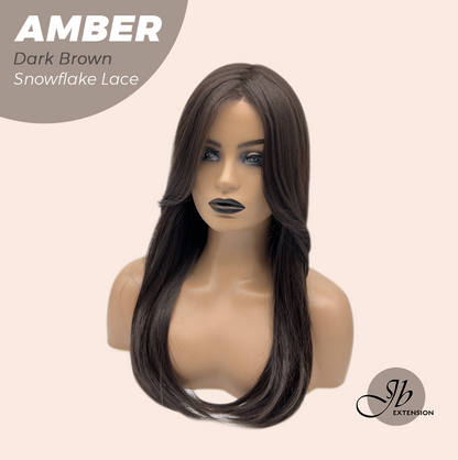 JBEXTENSION 21 Inches Straight Dark Brown Pre-Cut Arc Snowflake Lace Frontlace Glueless Wig AMBER DARK BROWN【BENDY EAR TABS】