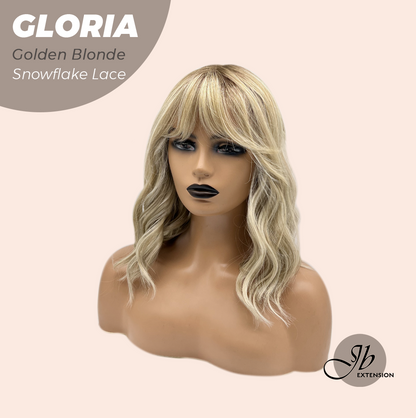 JBEXTENSION 14 Inches Curly Golden Blonde Wig with Bangs Pre-Cut Arc Snowflake Lace Frontlace Glueless Wig GLORIA GOLDEN BLONDE【BENDY EAR TABS】