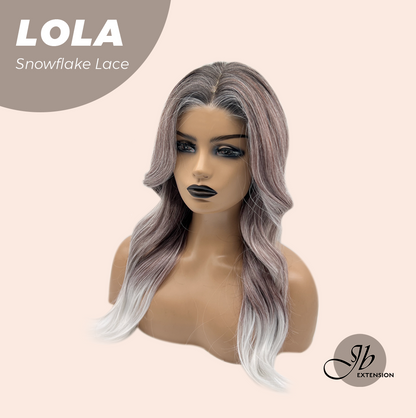 JBEXTENSION 20 Inches Curly Dark Brown with Grey Meches Hair Pre-Cut Arc Snowflake Lace Frontlace Glueless Wig LOLA SNOWFLAKE【BENDY EAR TABS】