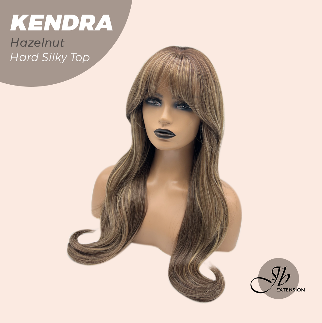 JBEXTENSION 26 Inches Scalpiana Long Curly Hazelnut 3.5X4 Hard Silky Top Natural Scalp Effect Wig with Bangs KENDRA HAZELNUT