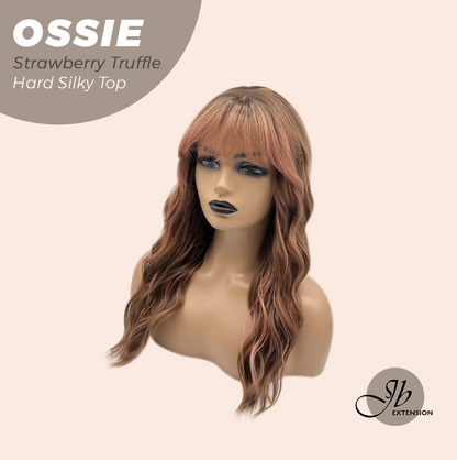 JBEXTENSION 22 Inches Scalpiana Long Wave Strawberry Truffle 3.5X4 Hard Silky Top Natural Scalp Effect Wig with Bangs OSSIE STRAWBERRY TRUFFLE