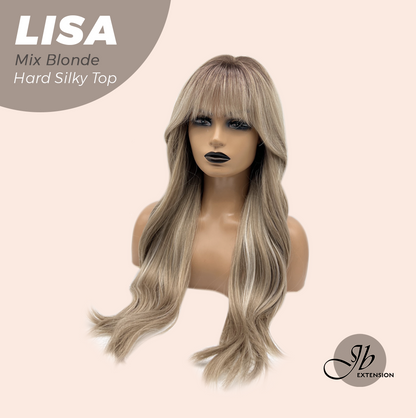 JBEXTENSION 26 Inches Scalpiana Long Curly Mix Blonde 3.5X4 Hard Silky Top Natural Scalp Effect Wig with Bangs LISA MIX BLONDE
