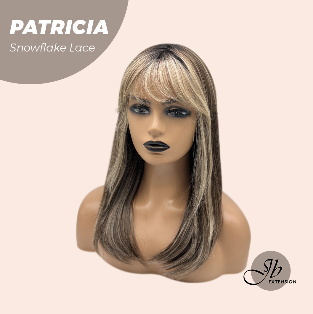 JBEXTENSION 17 Inches Dark Mix Blonde Pre-Cut Arc Snowflake Lace Frontlace Glueless Wig with Bangs PATRICIA【BENDY EAR TABS】
