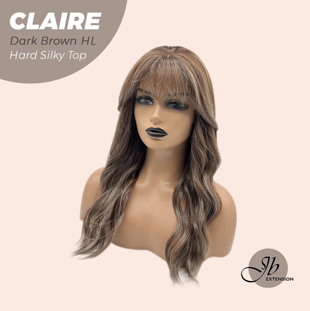 JBEXTENSION 22 Inches Scalpiana Dark Brown Highlight 3.5X4 Hard Silky Top Natural Scalp Effect Women Wig with Bangs CLAIRE SILKY TOP - DARK BROWN HIGHLIGHT