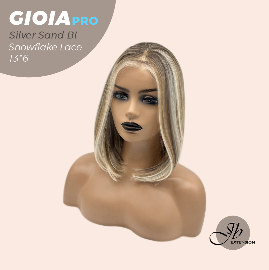 JBEXTENSION 14 Inches Silver Sand Blonde Pre-Cut 13X6 Free Part Snowflake Lace Frontlace Bob Cut Glueless Wig GIOIA PRO - SILVER SAND BLONDE【BENDY EAR TABS】