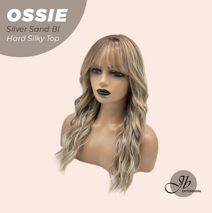 JBEXTENSION 22 Inches Scalpiana Long Wave Silver Sand Blonde 3.5X4 Hard Silky Top Natural Scalp Effect Wig with Bangs OSSIE SILVER SAND BLONDE