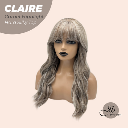 JBEXTENSION 22 Inches Scalpiana Camel Highlight 3.5X4 Hard Silky Top Natural Scalp Effect Women Wig with Bangs CLAIRE SILKY TOP - CAMEL HIGHLIGHT