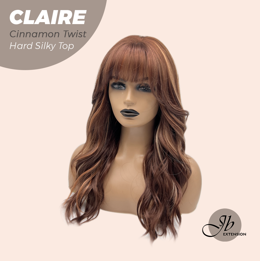 JBEXTENSION 22 Inches Scalpiana Cinnamon Twist 3.5X4 Hard Silky Top Natural Scalp Effect Women Wig with Bangs CLAIRE SILKY TOP - CINNAMON TWIST