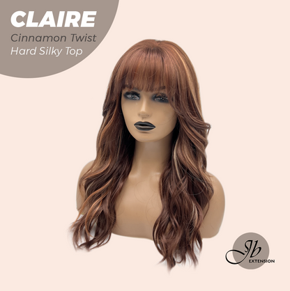 JBEXTENSION 22 Inches Scalpiana Cinnamon Twist 3.5X4 Hard Silky Top Natural Scalp Effect Women Wig with Bangs CLAIRE SILKY TOP - CINNAMON TWIST