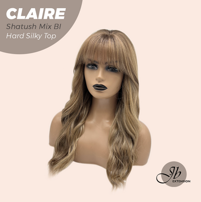 JBEXTENSION 22 Inches Scalpiana Shatush Mix Blonde 3.5X4 Hard Silky Top Natural Scalp Effect Women Wig with Bangs CLAIRE SILKY TOP - SHATUSH MIX BLONDE