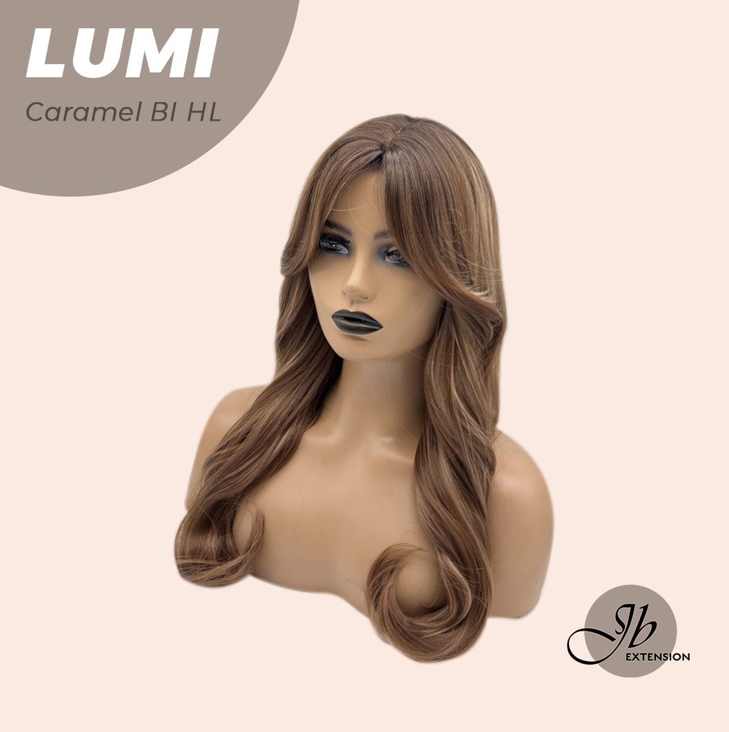 JBEXTENSION 23 Inches Curly Caramel Blonde Highlight Wig with Bangs LUMI CARAMEL BLONDE HIGHLIGHT