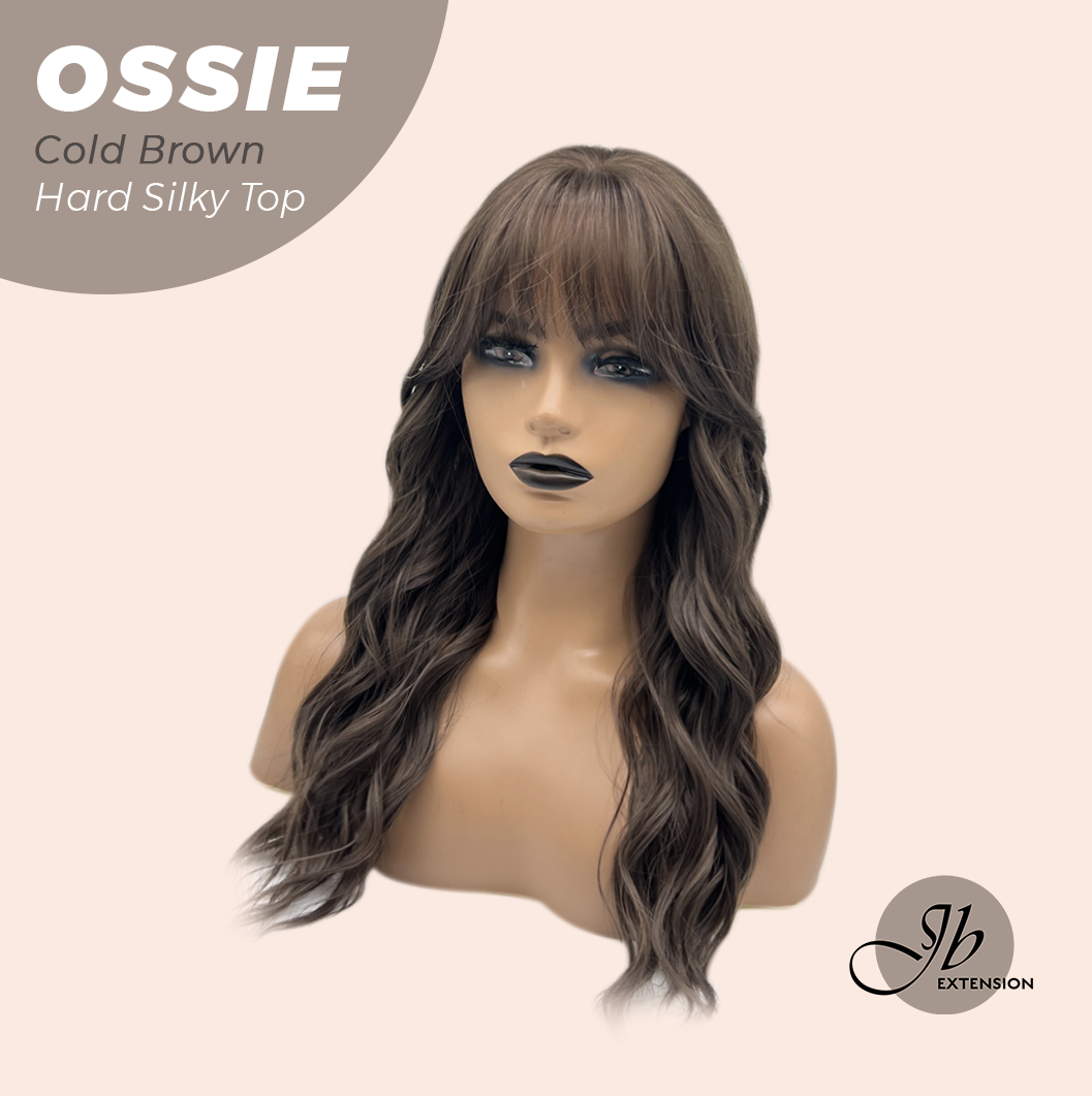 JBEXTENSION 22 Inches Scalpiana Long Wave Cold Brown 3.5X4 Hard Silky Top Natural Scalp Effect Wig with Bangs OSSIE COLD BROWN