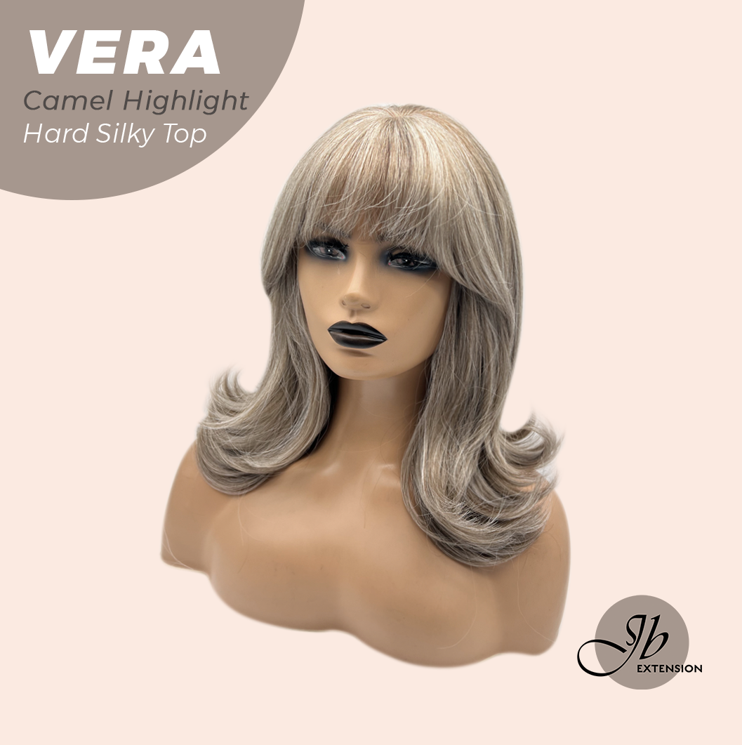 JBEXTENSION 17 Inches Scalpiana Curly Camel Highlight 3.5X4 Hard Silky Top Natural Scalp Effect Wig with Bangs VERA CAMEL HIGHLIGHT