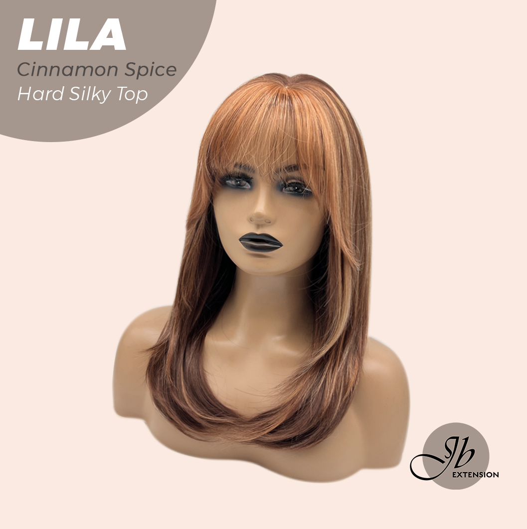 JBEXTENSION 20 Inches Scalpiana Cinnamon Spice Wolf Cut 3.5X4 Hard Silky Top Natural Scalp Effect Wig With Bangs LILA CINNAMON SPICE