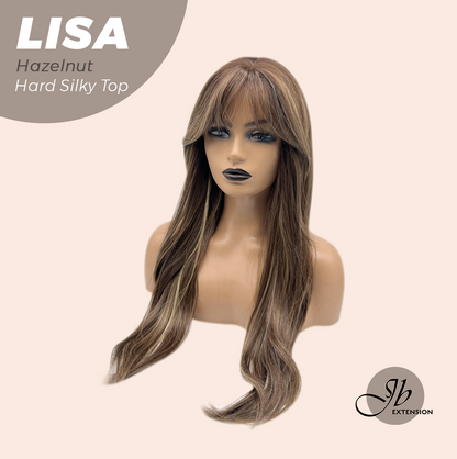 JBEXTENSION 26 Inches Scalpiana Long Curly Hazelnut 3.5X4 Hard Silky Top Natural Scalp Effect Wig with Bangs LISA HAZELNUT