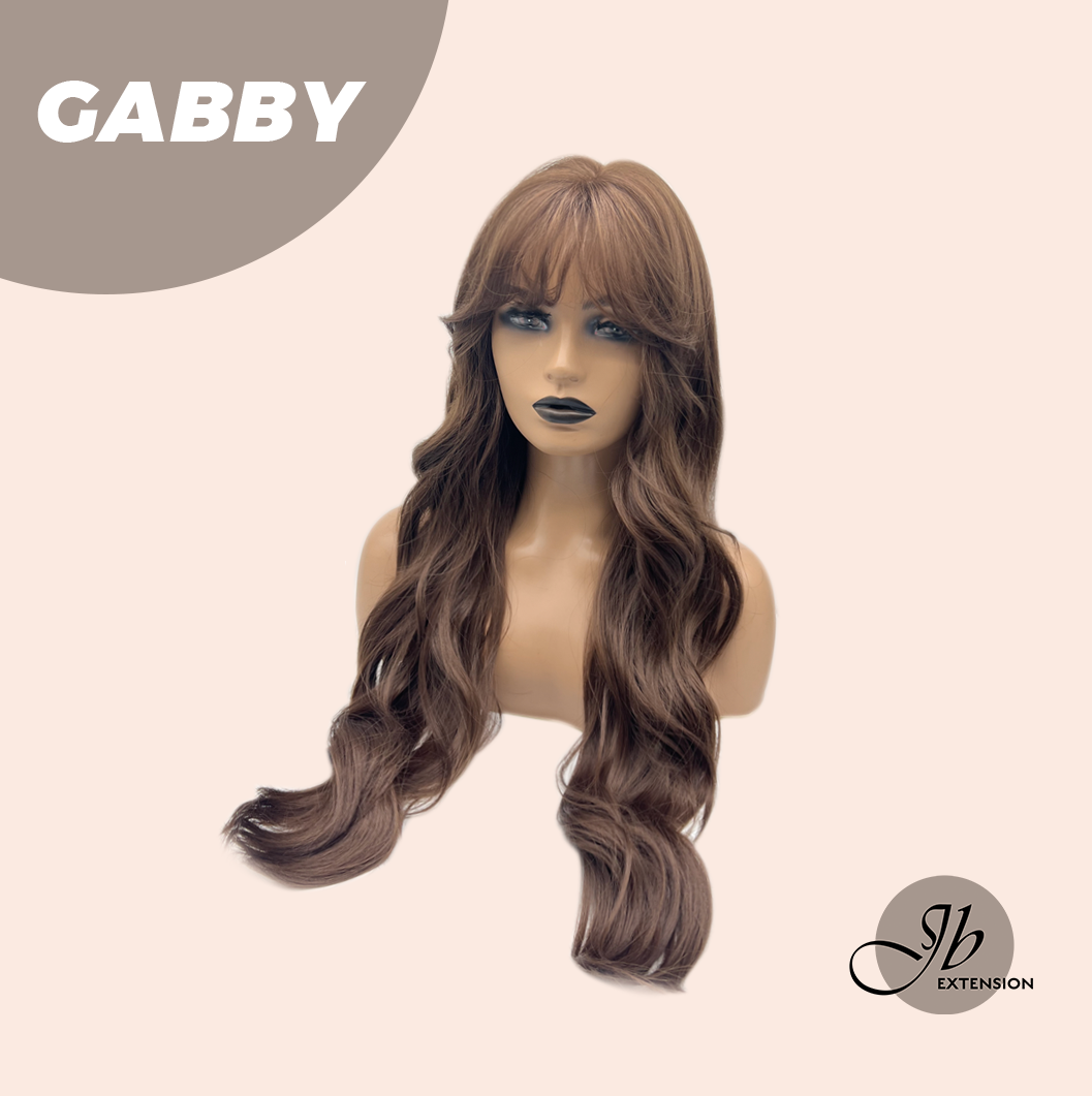 JBEXTENSION 27 Inches Long Curly Mocha Brown Wig With Bangs GABBY
