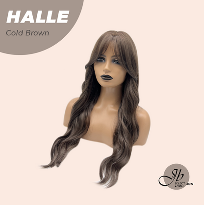 JBEXTENSION 27 Inches Long Wave Cold Brown Wig with Bangs HALLE COLD BROWN