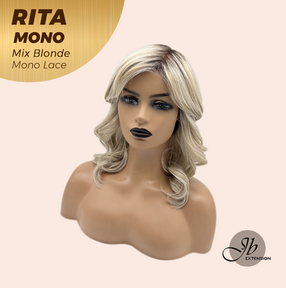 JBEXTENSION RITA MONO Monofilament Handmade Wig 6X5 Full Monofilament Hand Tied Top Wig 14 Inches Curly Mix Blonde Mono Lace Wig with Anti-slip Silicone Strips Glueless Wig RITA MONO - MIX BLONDE【BENDY EAR TABS】