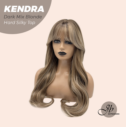 JBEXTENSION 26 Inches Scalpiana Long Curly Dark Mix Blonde 3.5X4 Hard Silky Top Natural Scalp Effect Wig with Bangs KENDRA DARK MIX BLONDE