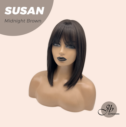 JBEXTENSION 14 Inches Short Bob Cut Midnight Brown Wig with Bangs SUSAN MIDNIGHT BROWN