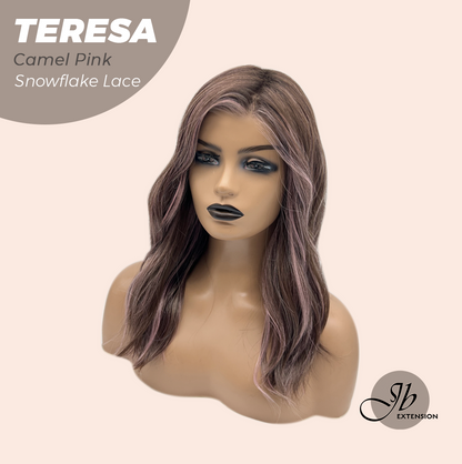 JBEXTENSION 18 Inches Camel Pink Pre-Cut Snowflake Lace Frontlace Glueless Wig TERESA CAMEL PINK【PERMATEASE】【BENDY EAR TABS】- M/L