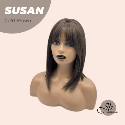 JBEXTENSION 14 Inches Short Bob Cut Cold Brown Wig with Bangs SUSAN COLD BROWN