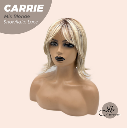 JBEXTENSION 11 Inches Short Hair Mix Blonde Pre-Cut Arc Snowflake Lace Frontlace Glueless Wig with Bangs CARRIE MIX BLONDE【BENDY EAR TABS】