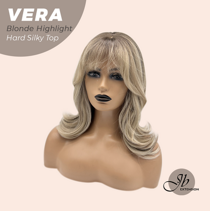 JBEXTENSION 17 Inches Scalpiana Curly Blonde Highlight 3.5X4 Hard Silky Top Natural Scalp Effect Wig with Bangs VERA BLONDE HIGHLIGHT