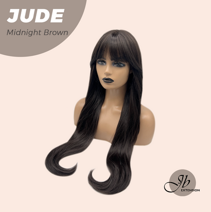 JBEXTENSION 28 Inches Long Curly Midnight Brown(Black/Brown) Wig with Bangs JUDE MIDNIGHT BROWN