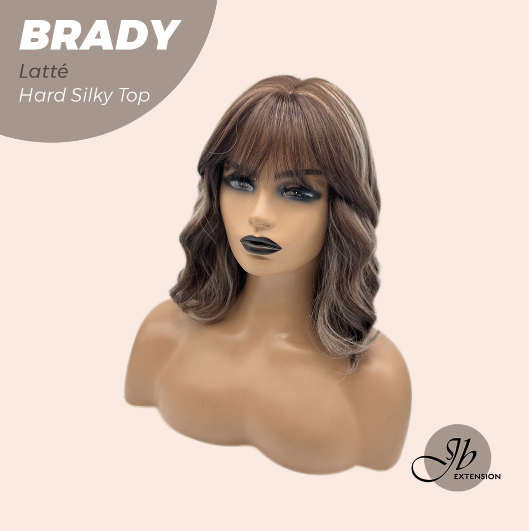 JBEXTENSION 12 Inches Scalpiana Wave Latté 3.5X4 Hard Silky Top Natural Scalp Effect Wig with Bangs BRADY LATTé