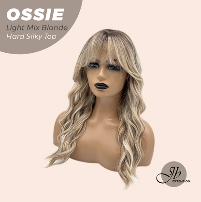 JBEXTENSION 22 Inches Scalpiana Long Wave Light Mix Blonde 3.5X4 Hard Silky Top Natural Scalp Effect Wig with Bangs OSSIE LIGHT MIX BLONDE