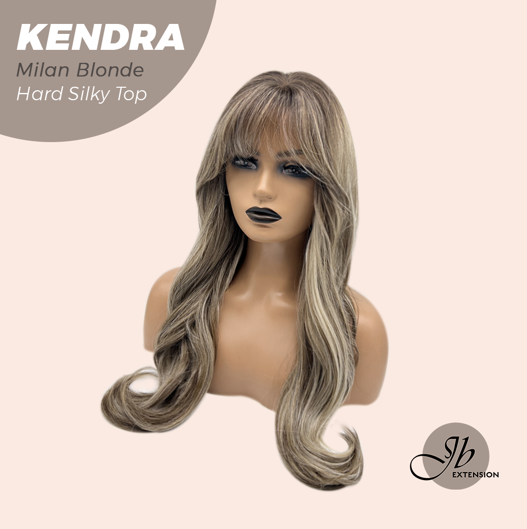 JBEXTENSION 26 Inches Scalpiana Long Curly Milan Blonde 3.5X4 Hard Silky Top Natural Scalp Effect Wig with Bangs KENDRA MILAN BLONDE