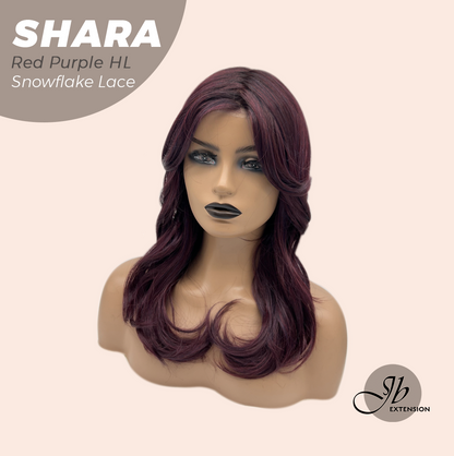 [FINAL SALE] JBEXTENSION 17 Inches Curly Red Purple Highlight Pre-Cut Arc Snowflake Lace Frontlace Glueless Wig SHARA RED PURPLE HIGHLIGHT【BENDY EAR TABS】